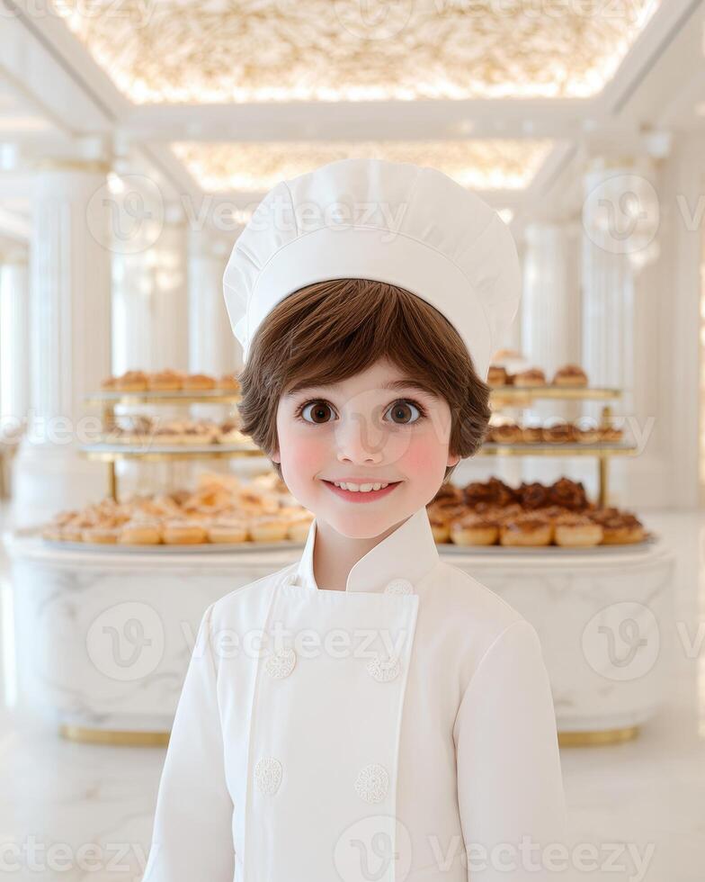 Adorable child baker in a white chefs uniform smiles in a bakery photo