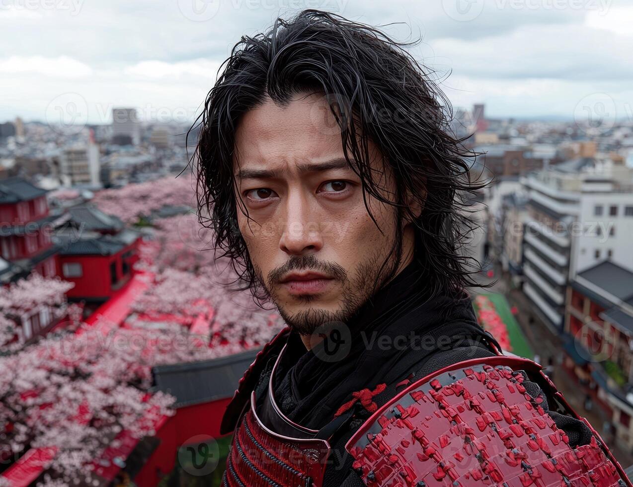 Portrait of a samurai warrior in a red and black suit of armor, standing against a backdrop of a city and cherry blossoms photo
