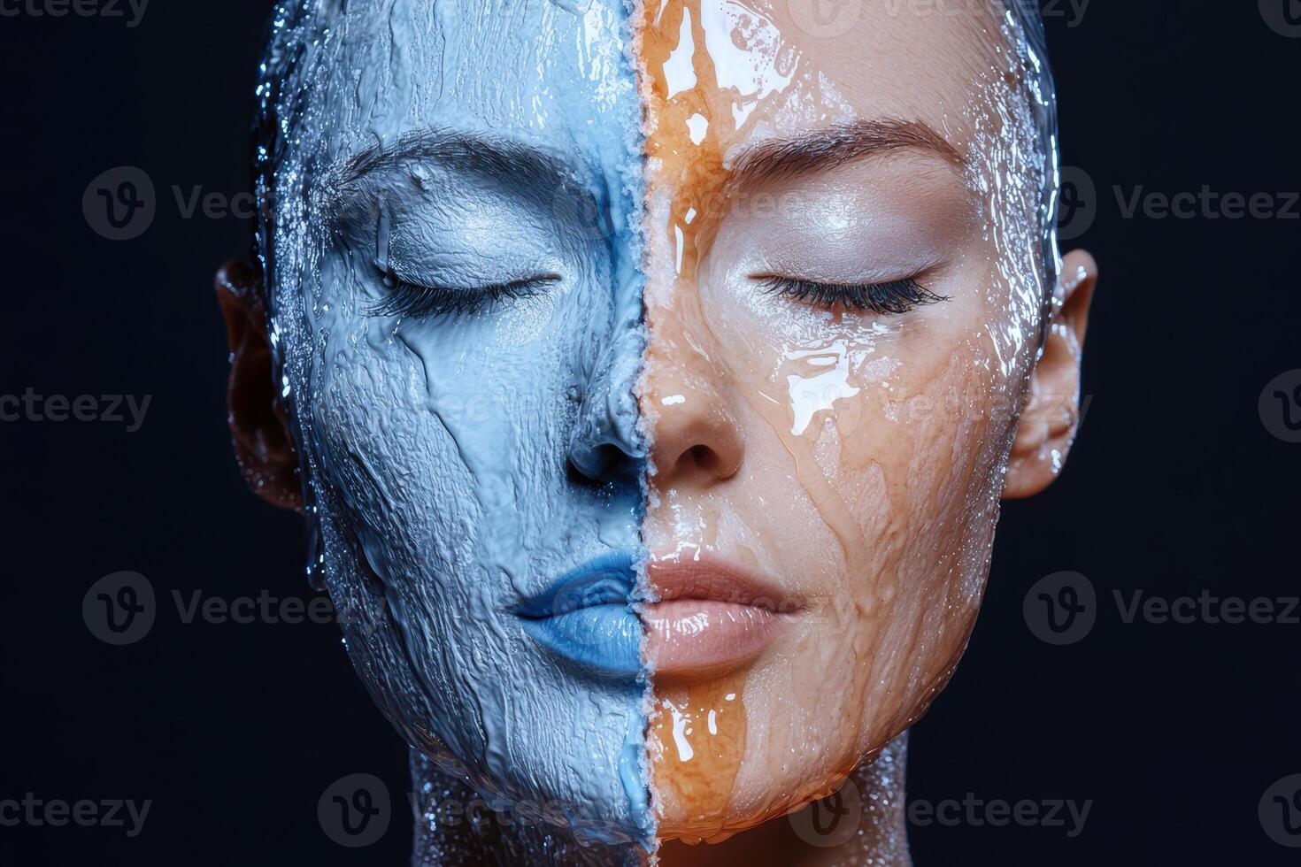 Close up of a womans face with half blue and half honey face mask photo