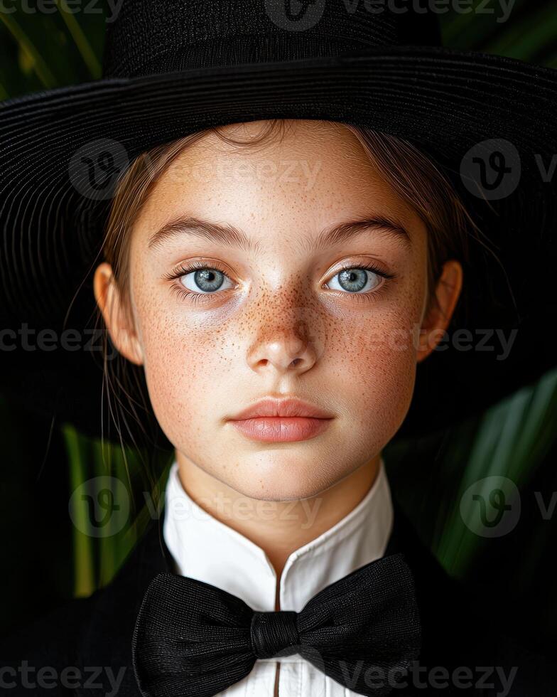 Portrait of a young girl wearing a black hat and bow tie photo
