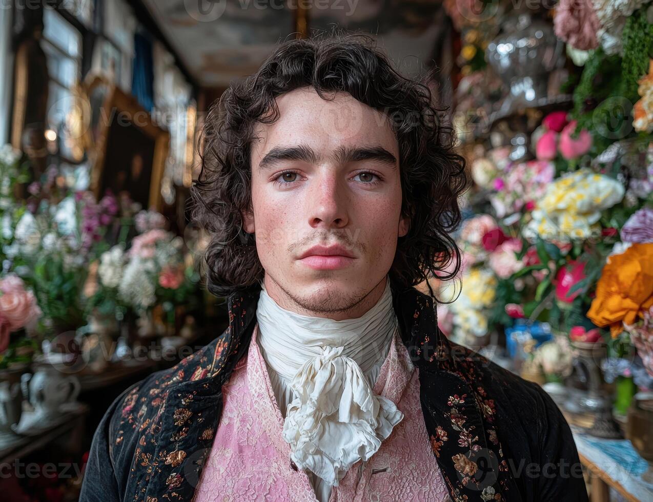 Portrait of a young man in 18th century clothing, surrounded by flowers photo