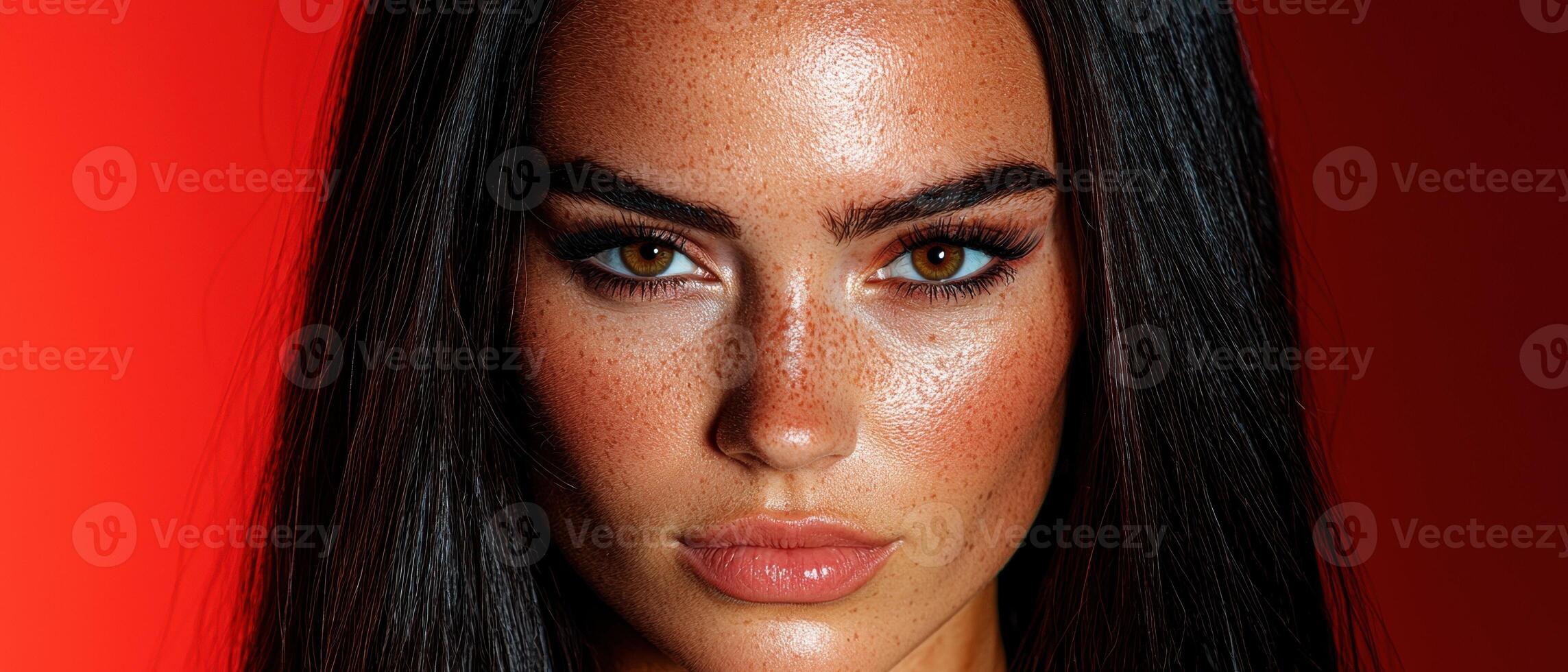 Close up portrait of a woman with freckles and brown eyes photo