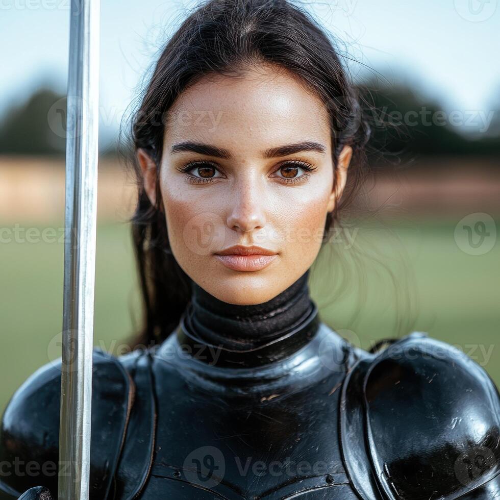 Female warrior in black armor holding a sword photo