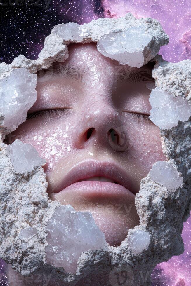 Surreal portrait of a womans face emerging from a cracked rock formation, adorned with sparkling crystals against a cosmic backdrop photo