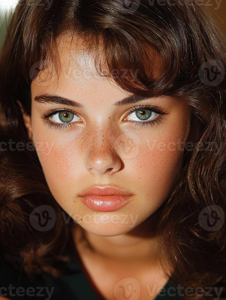 Close up portrait of a young woman with green eyes and brown hair photo