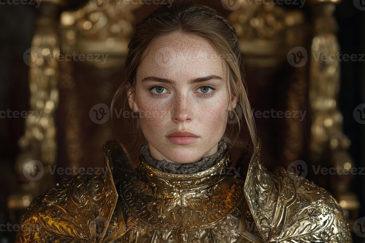Portrait of a female knight in golden armor photo