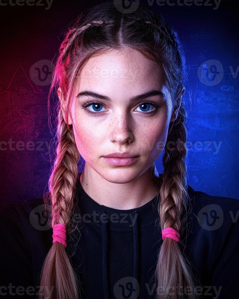Portrait of a young woman with braids, neon light background photo