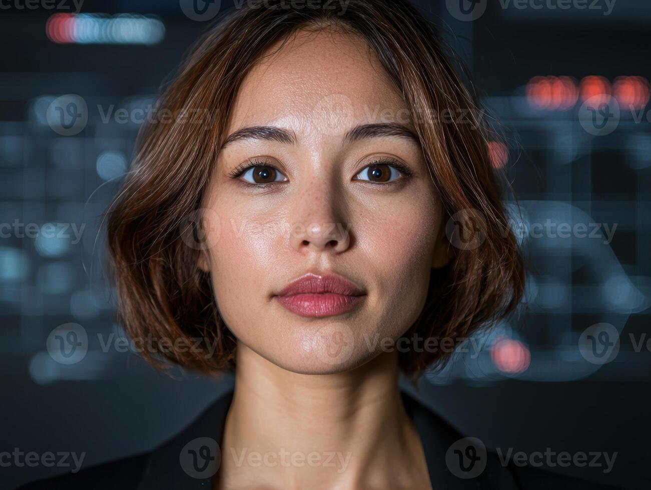 Portrait of a young woman with a serious expression, looking directly at the camera photo