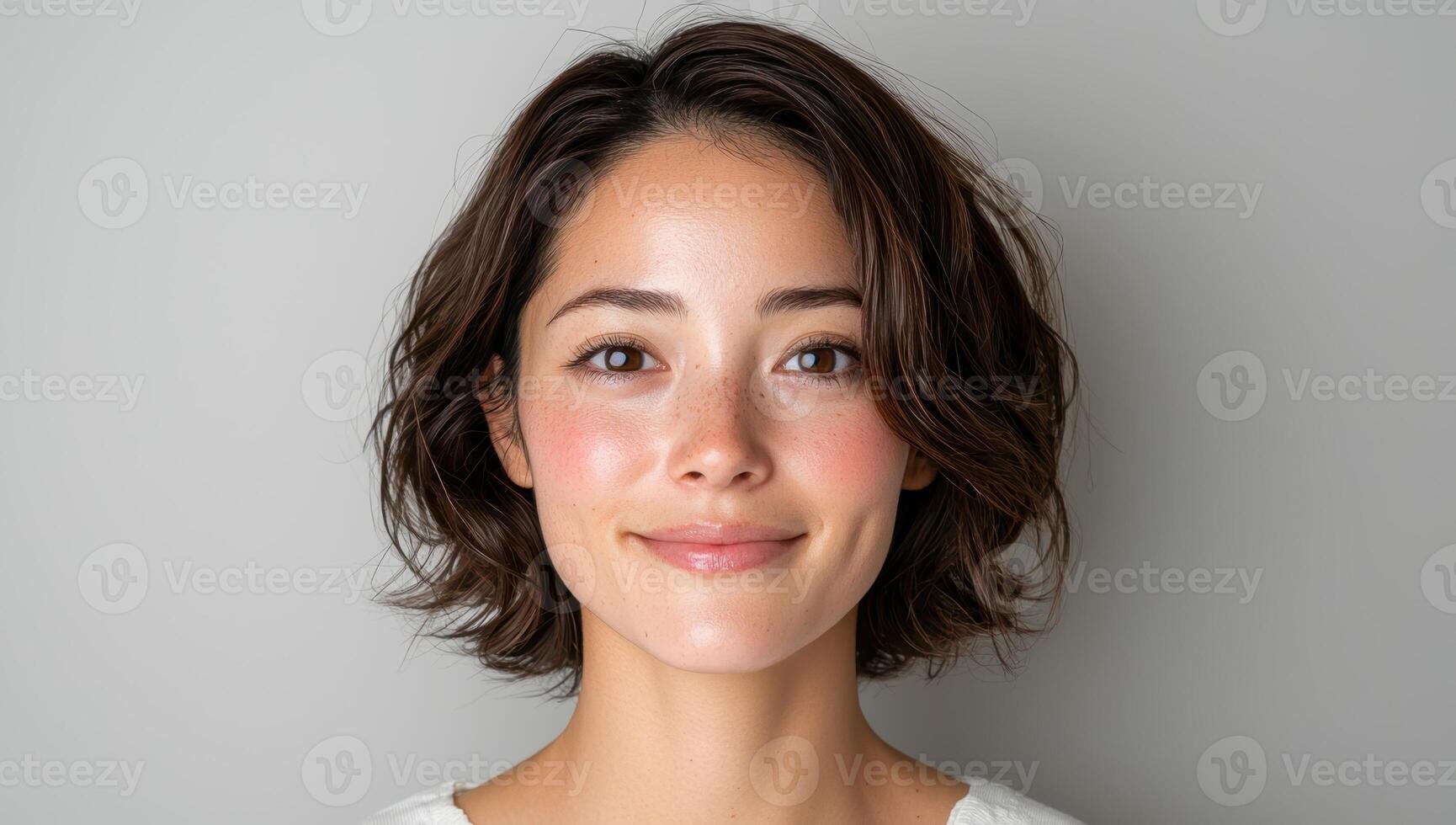 Portrait of a young woman with short brown hair and freckles smiling at the camera photo