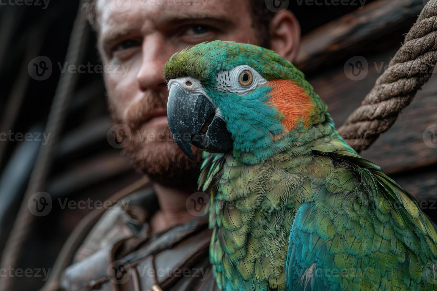 Close up portrait of a man with a vibrant green parrot on his shoulder photo