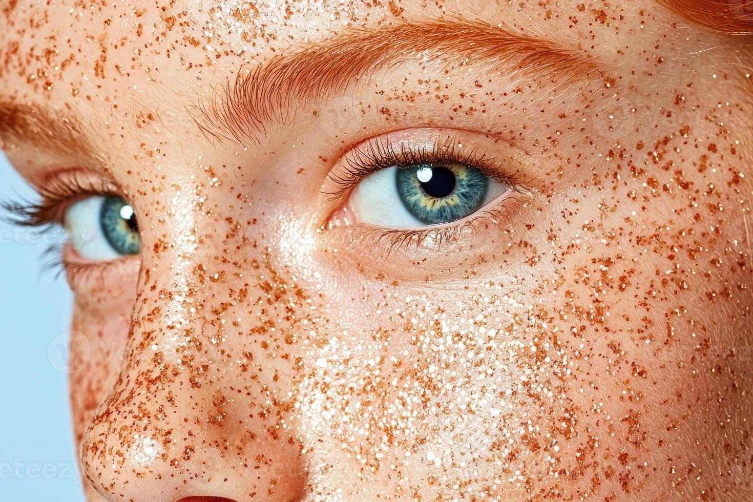 Close up of a womans face with freckles and glitter photo
