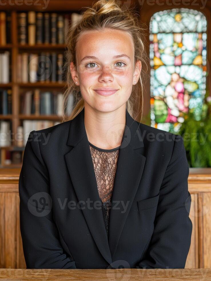 Portrait of a young woman in a black blazer, sitting in a library photo
