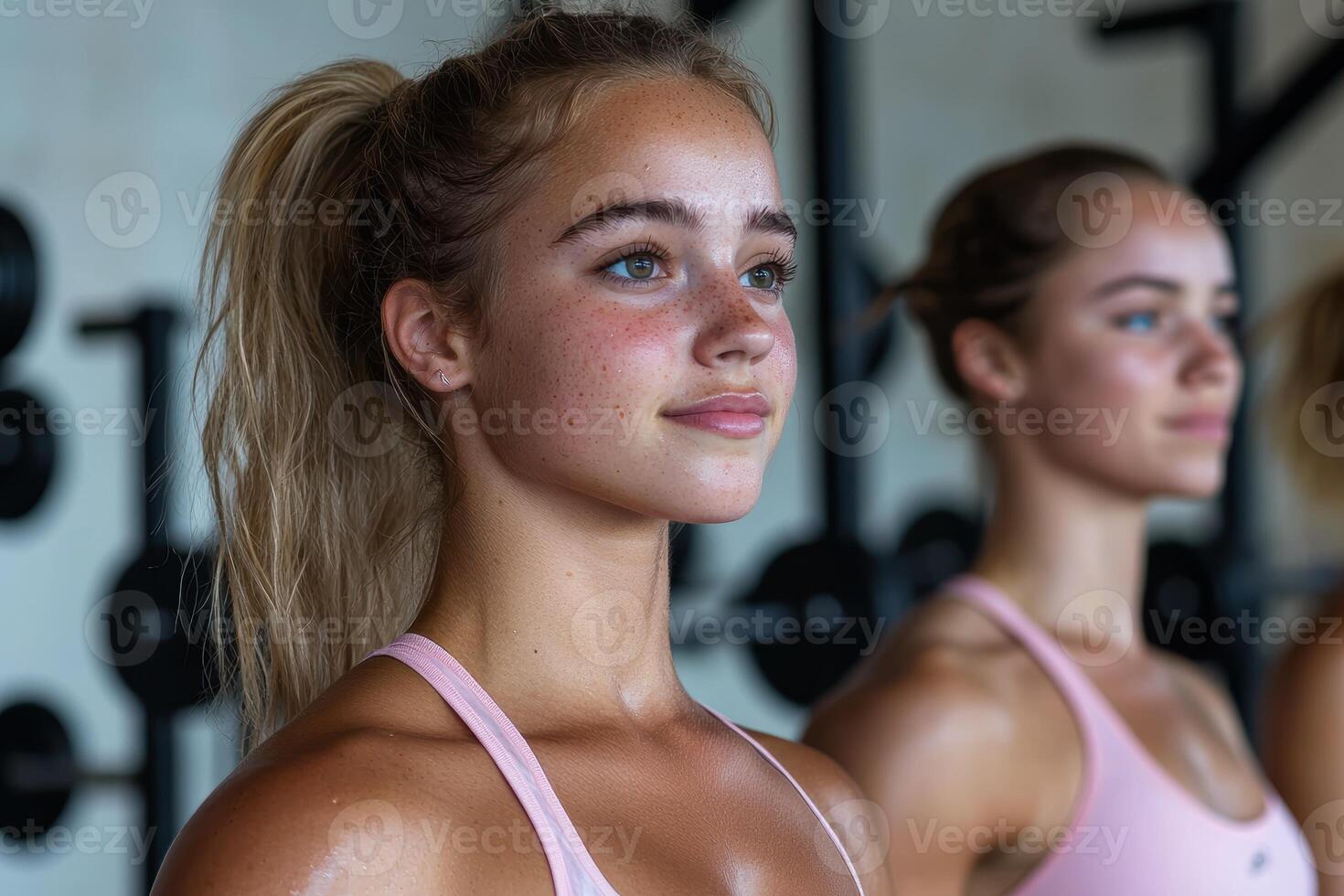 Two young women with freckles and blonde hair in a gym, looking away from the camera photo