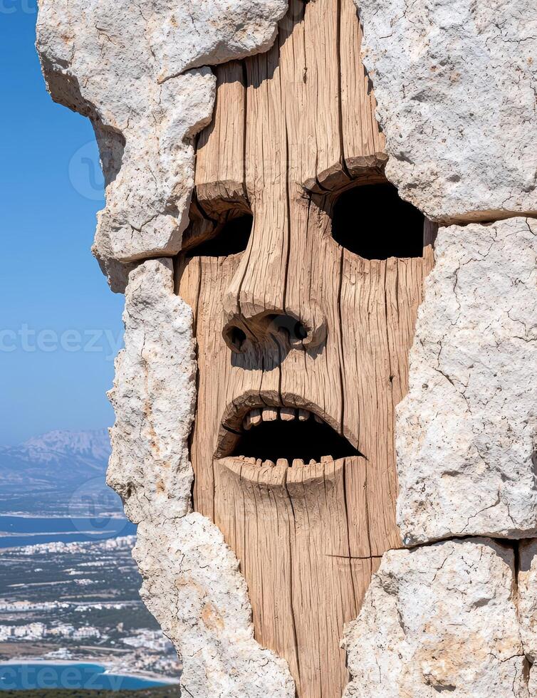 Intricate wooden face carved into a stone wall overlooking a scenic coastal view photo