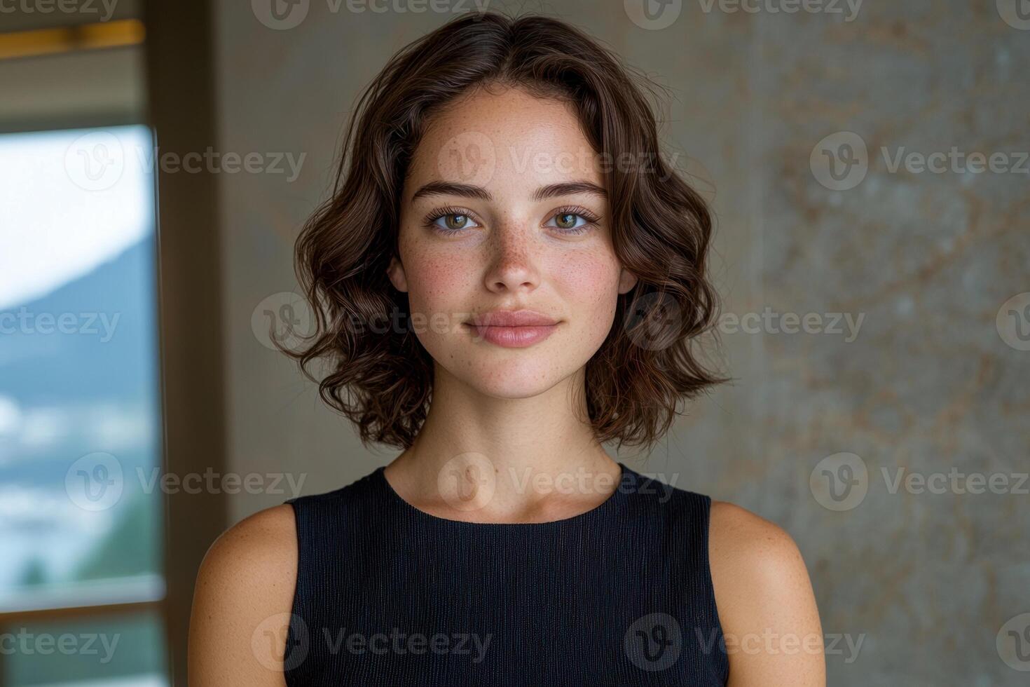 Portrait of a young woman with freckles and wavy brown hair, smiling gently at the camera photo