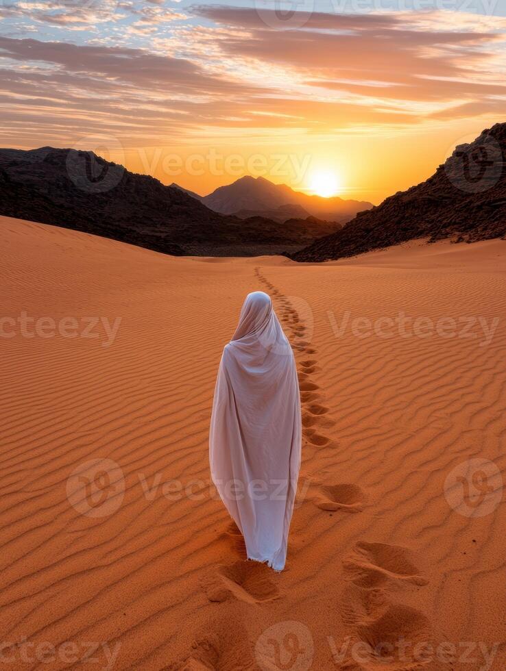 Person in white robe walking on sand dunes at sunset photo