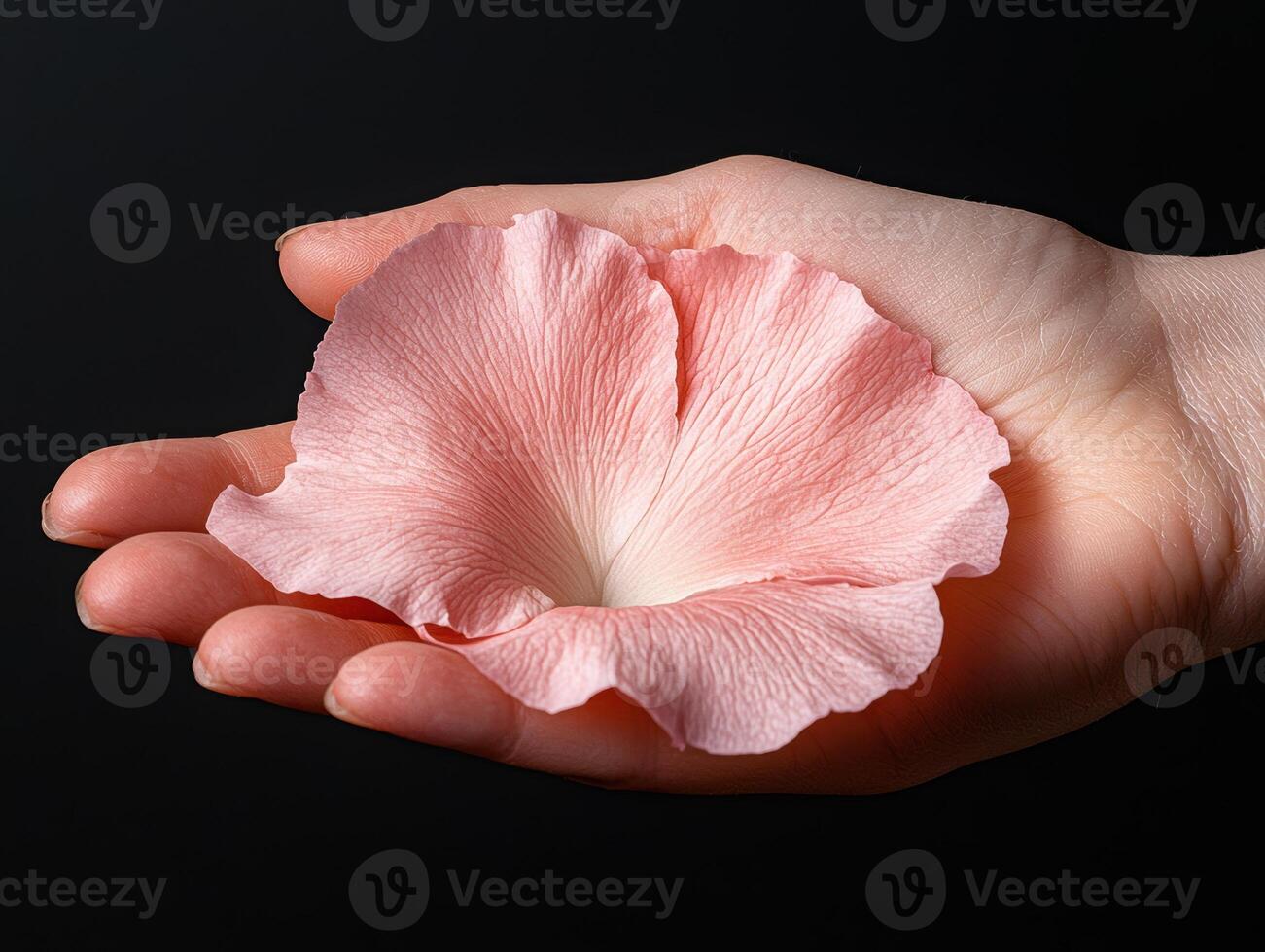 Pink flower petal in a hand against a black background photo