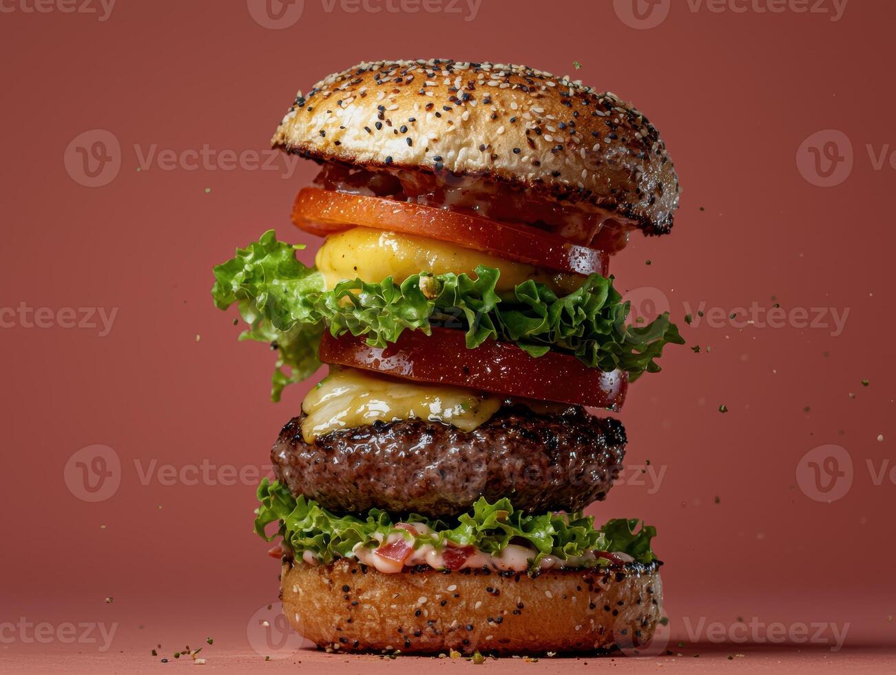 Juicy double cheeseburger with all the fixings, close up studio shot photo