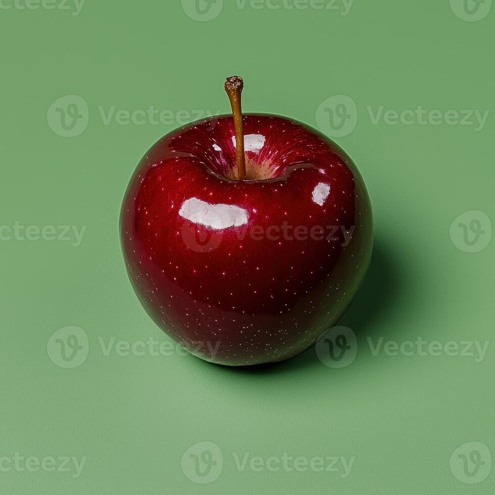 Single red apple on green background photo