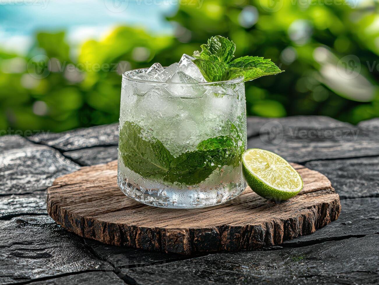 Refreshing summer mojito cocktail on a rustic wooden board photo