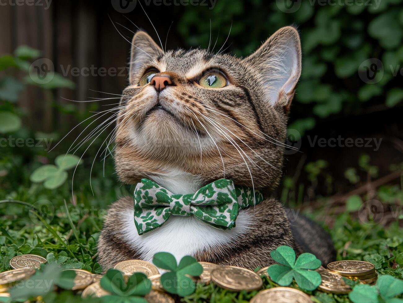 Adorable tabby cat wearing a shamrock bow tie surrounded by coins and clovers photo