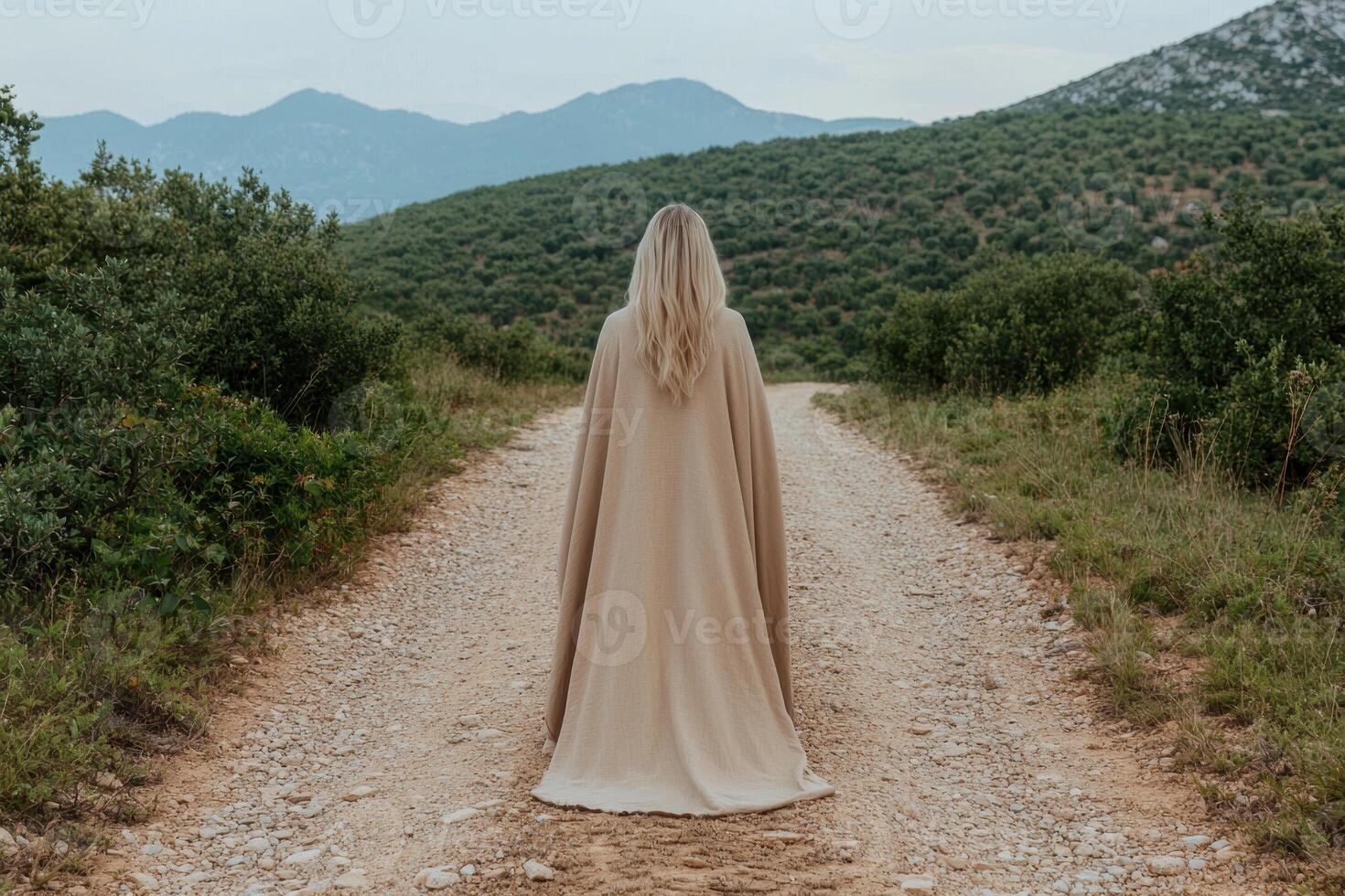 Woman in beige shawl walks down a dirt road towards mountains photo
