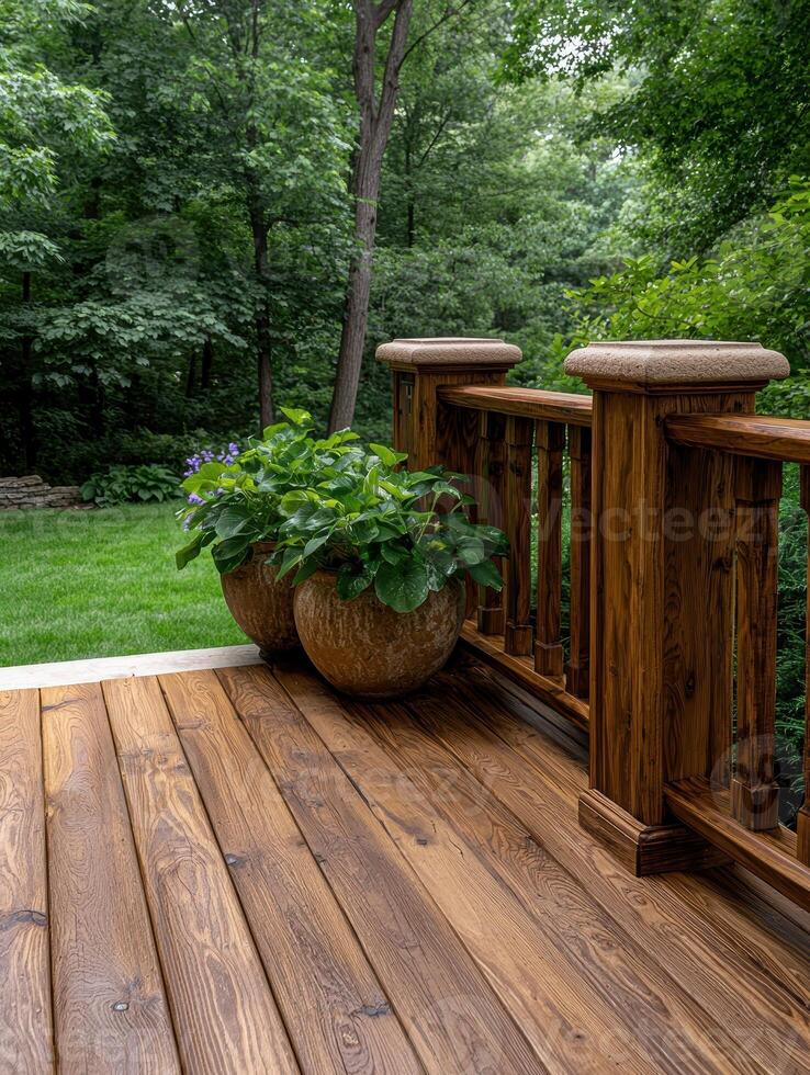 Dark stained wood deck overlooking a lush green garden photo