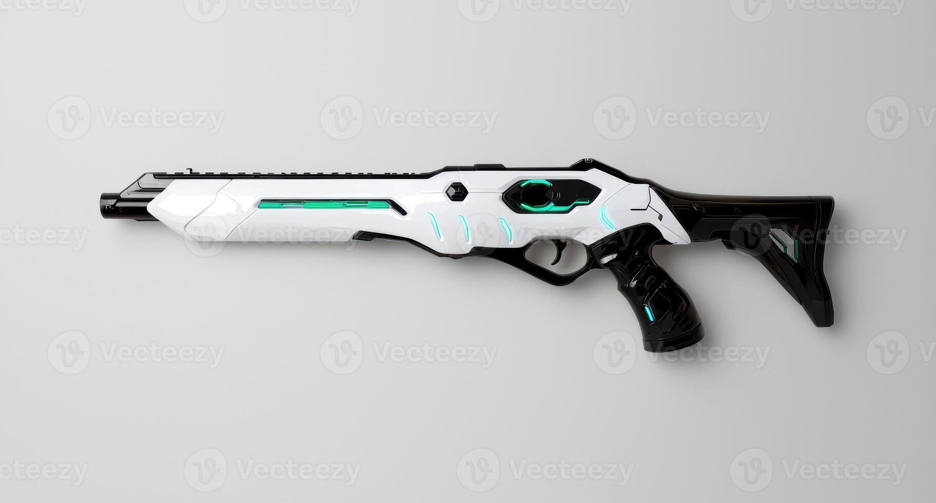 Futuristic white and black gun with teal accents on a white background photo