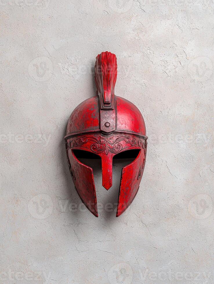 Red ancient greek helmet on a light gray background photo