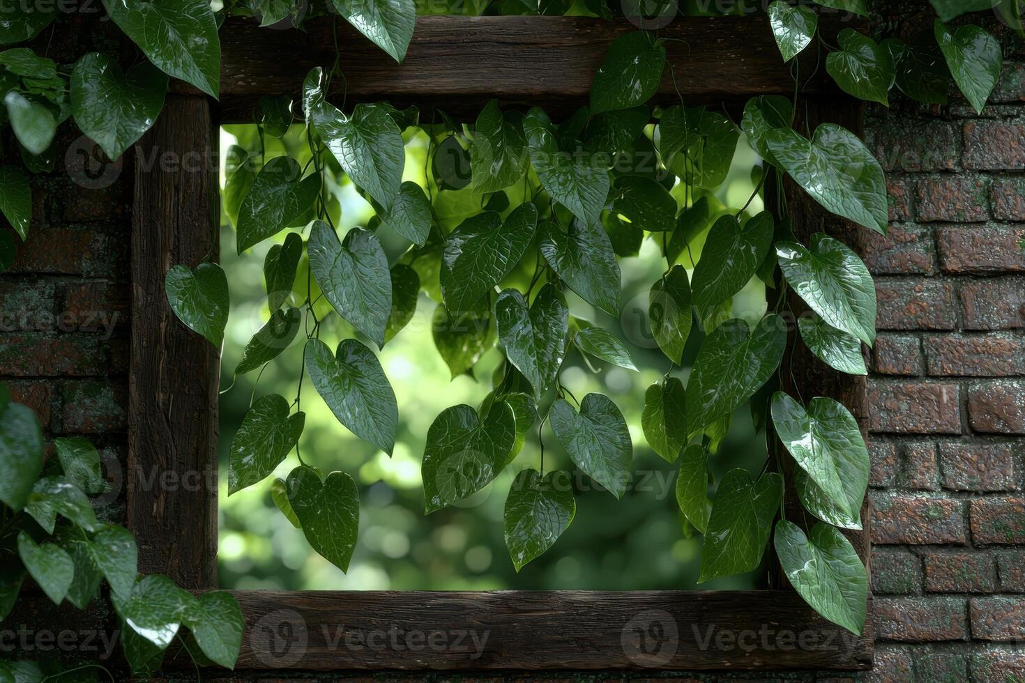 Heart shaped leaves frame a lush green background through a rustic wooden window photo