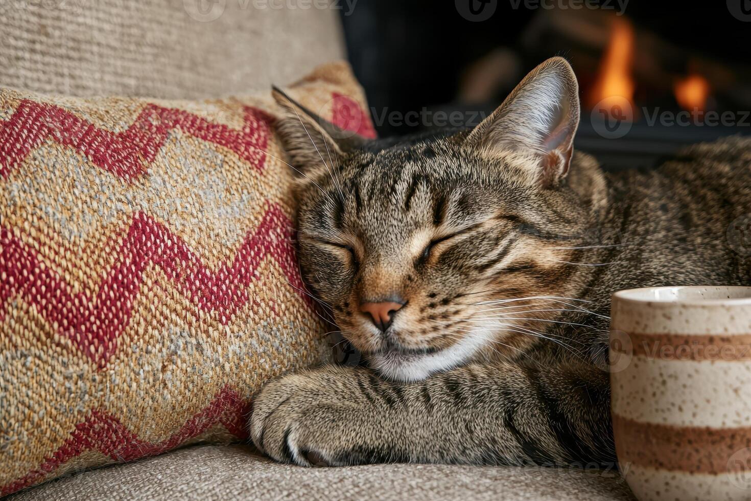 Tabby cat sleeping peacefully on a couch near a fireplace photo