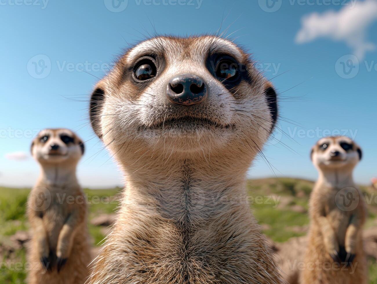 Three meerkats looking at the camera in a sunny field photo