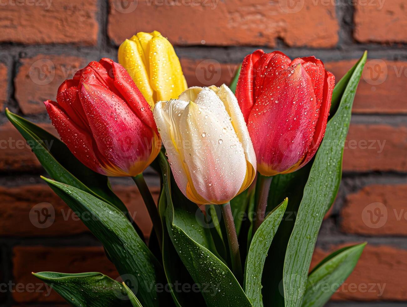 Close up of three vibrant tulips with water droplets on petals against a brick wall background photo