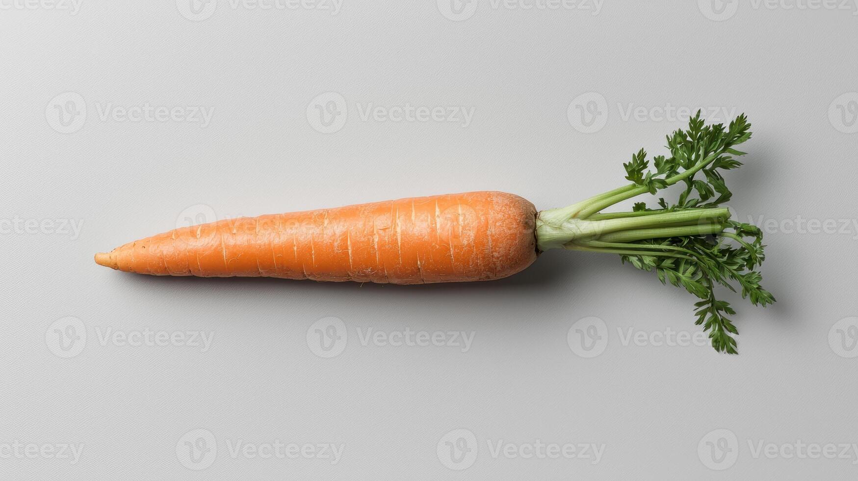 Single fresh orange carrot with green leaves on a white background photo