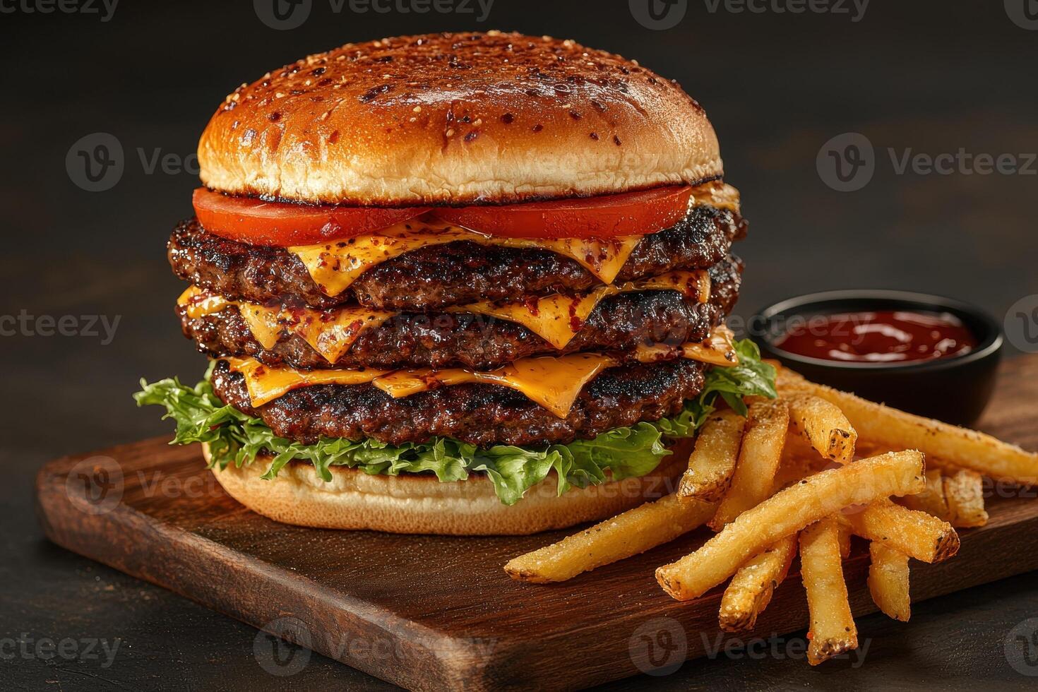 Juicy triple decker cheeseburger with french fries photo