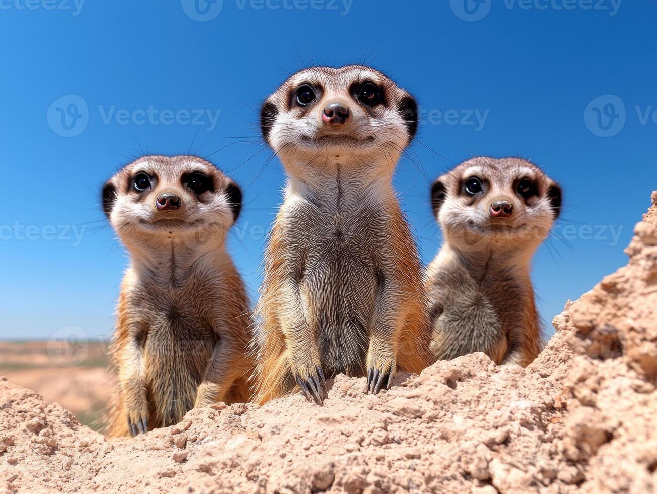 Three meerkats looking at the camera in the desert photo