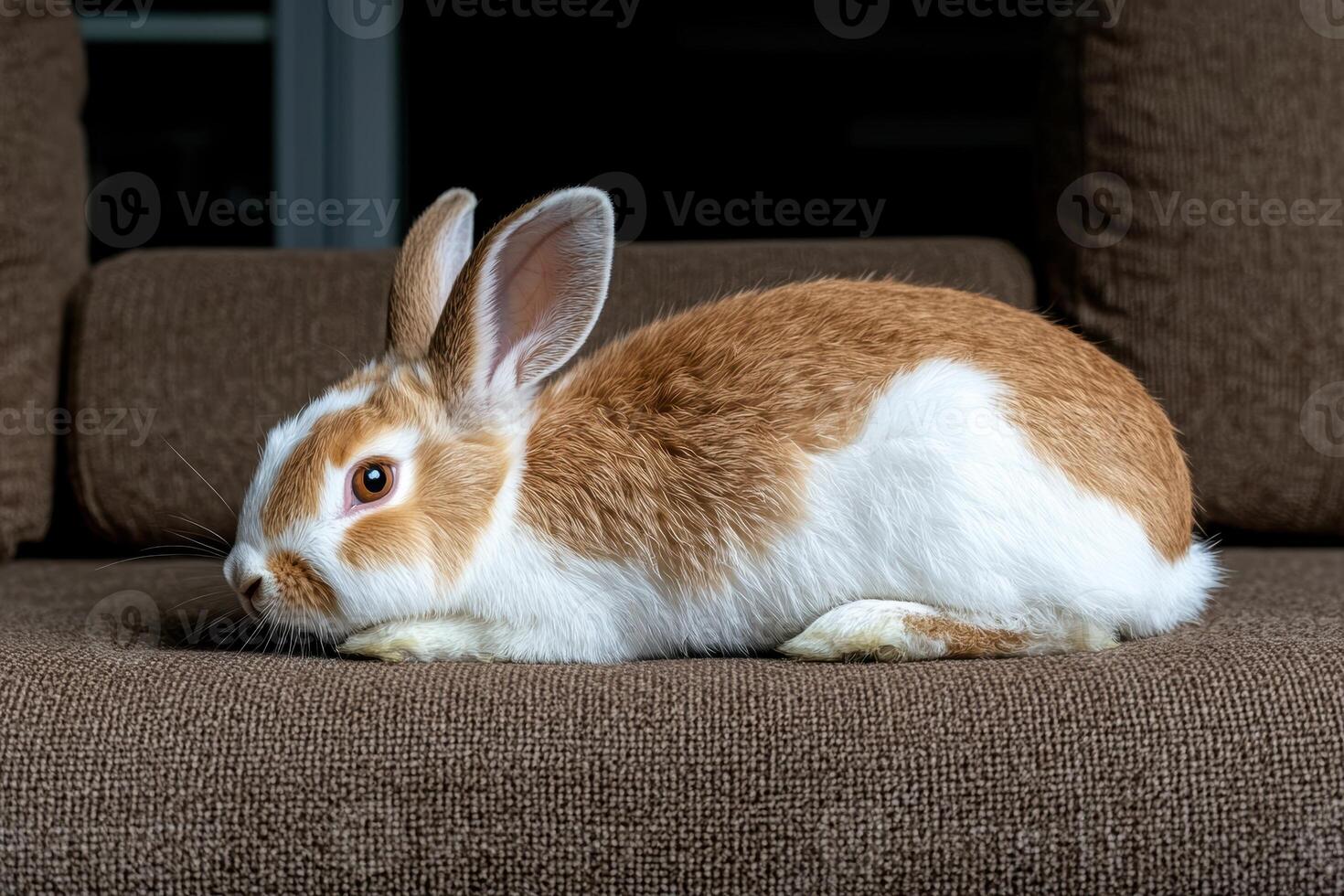 Adorable brown and white rabbit relaxing on a couch photo