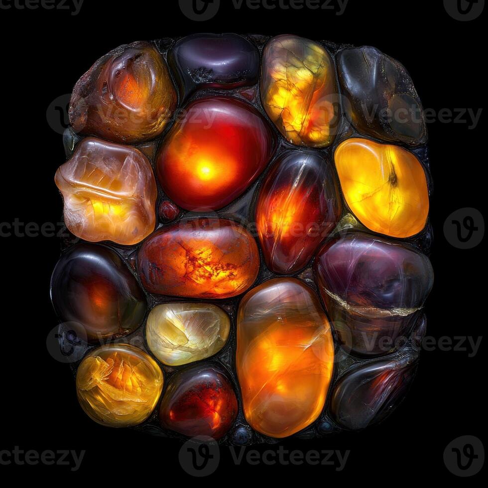 Close up of a vibrant collection of polished gemstones arranged in a mosaic pattern photo
