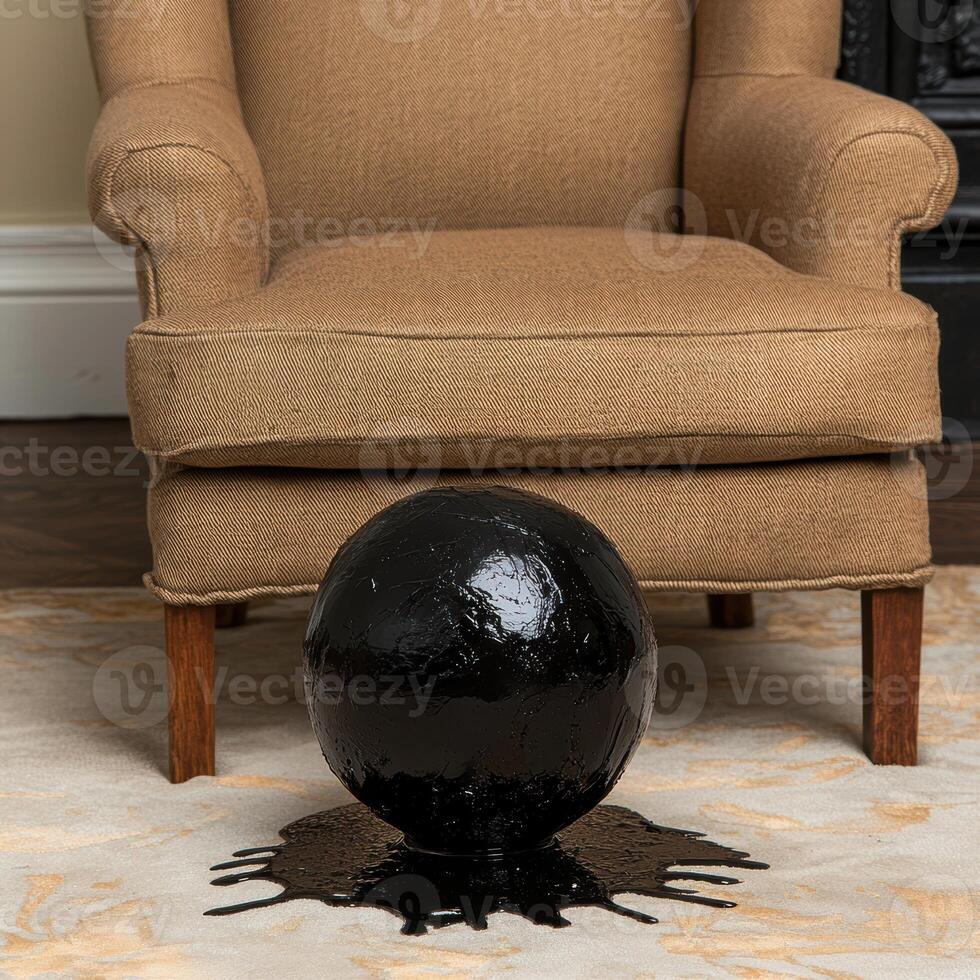 Black sphere with drips on carpet in front of armchair photo