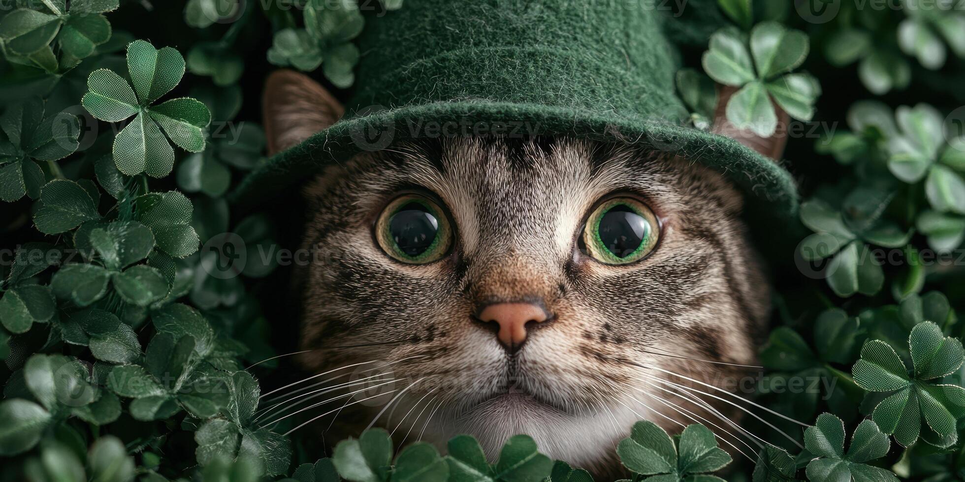 Close up of a tabby cat wearing a green leprechaun hat, peeking out from a patch of shamrocks photo