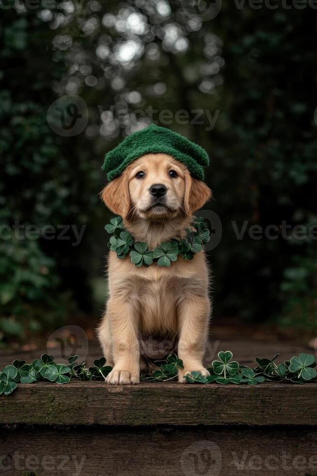 Adorable Golden Retriever Puppy Wearing a Green Hat and Clover Necklace photo