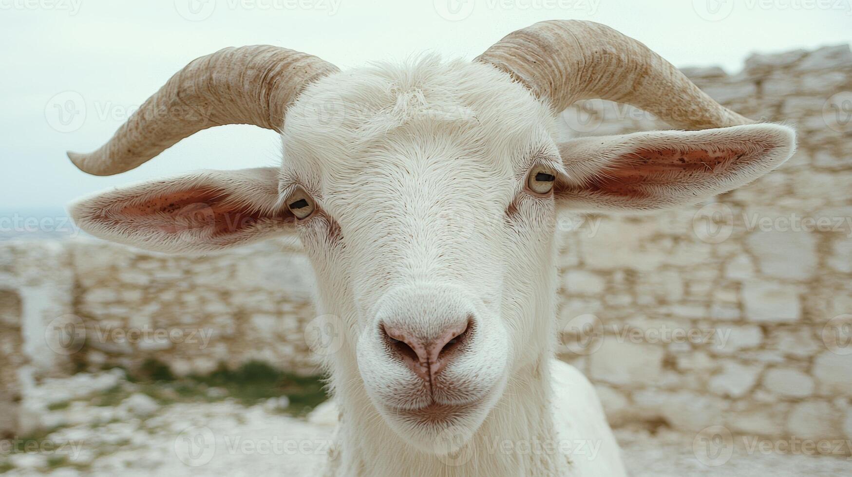 Close up portrait of a white goat with large horns photo
