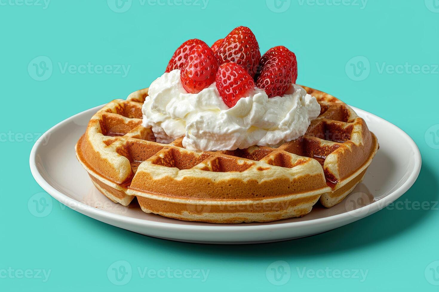 Waffles with whipped cream and strawberries photo