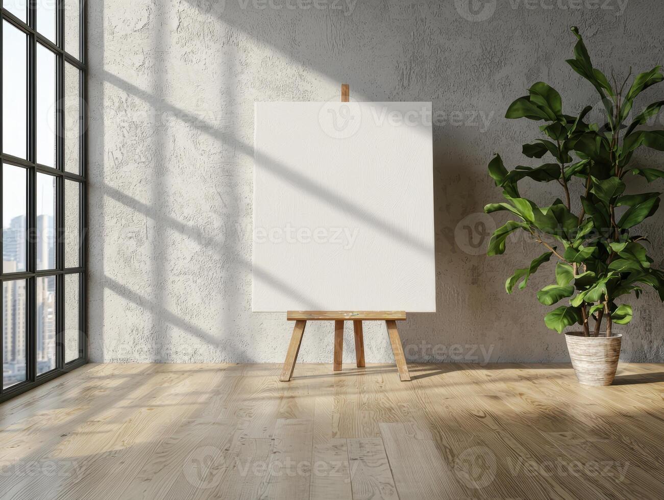 Blank canvas on easel in modern minimalist interior with plant photo