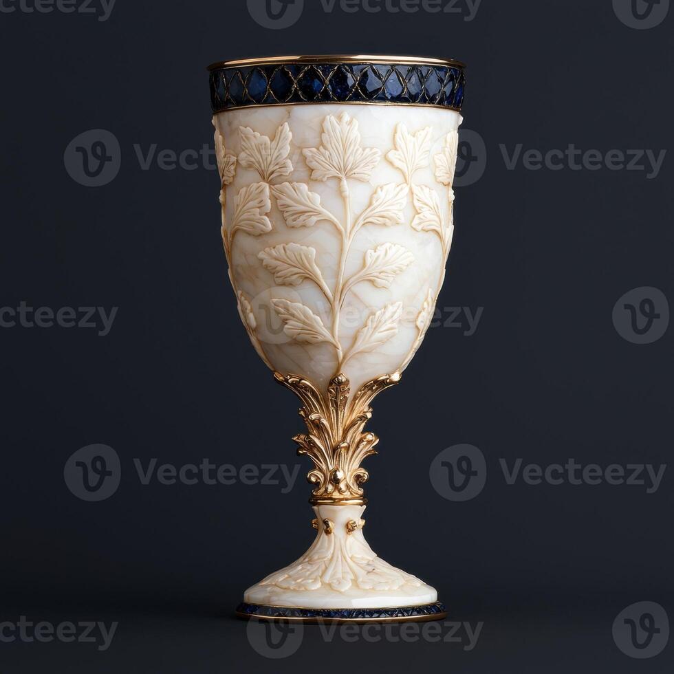 Ornate carved bone goblet with gold and blue accents photo