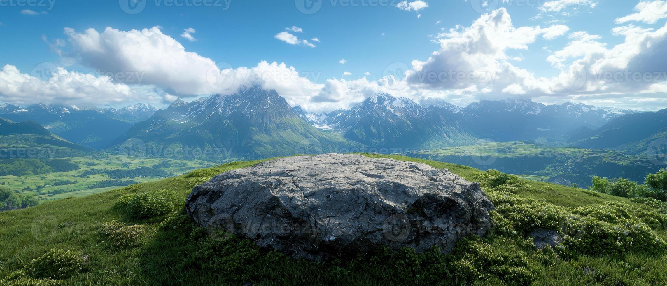 Scenic mountain vista with a large rock in the foreground photo