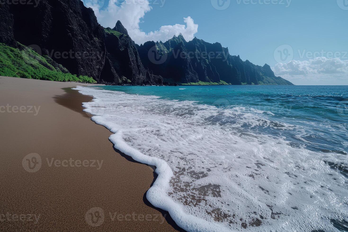 Waves crashing on a secluded beach with dramatic cliffs in the background photo