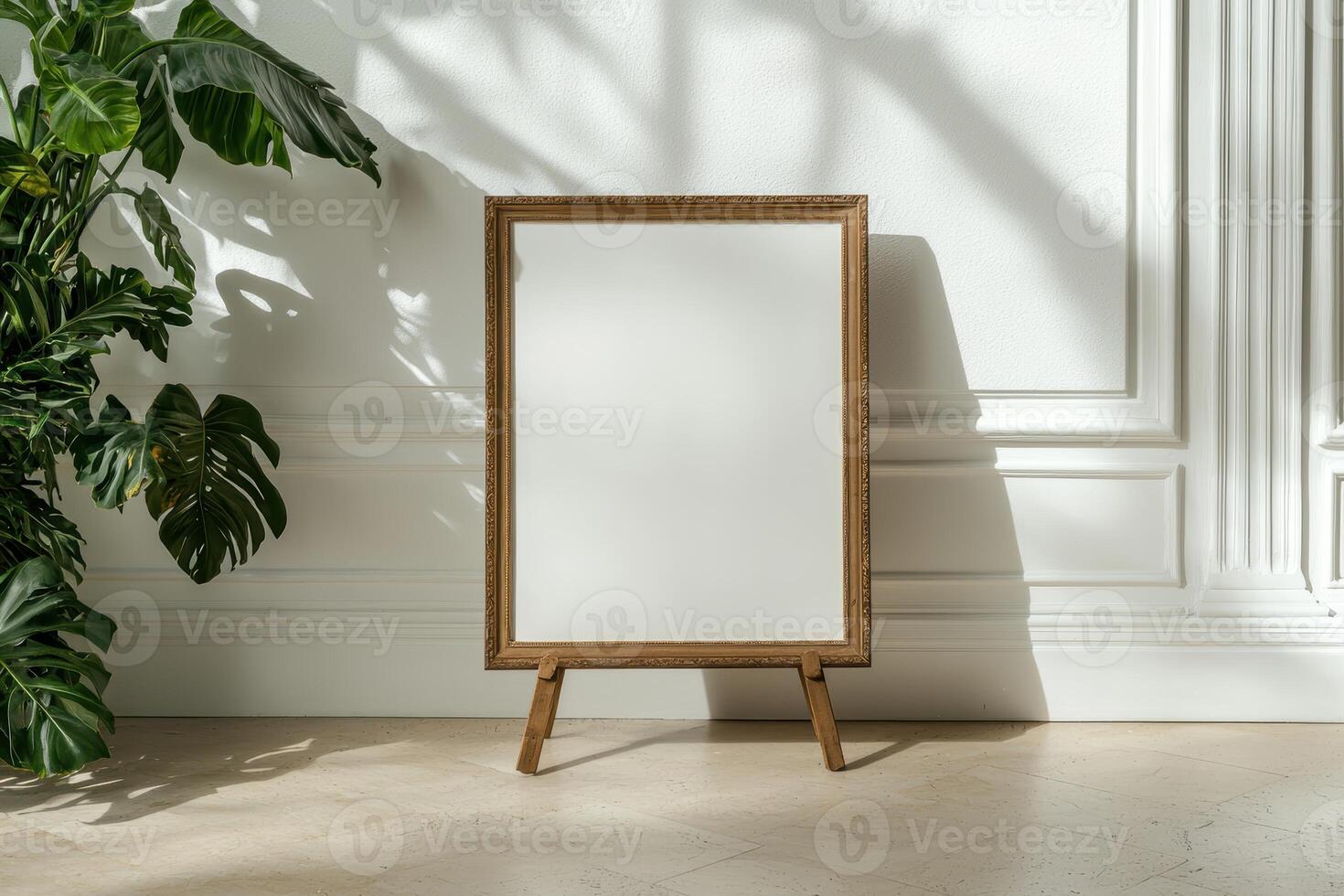 Blank wooden easel with white canvas in a bright room photo