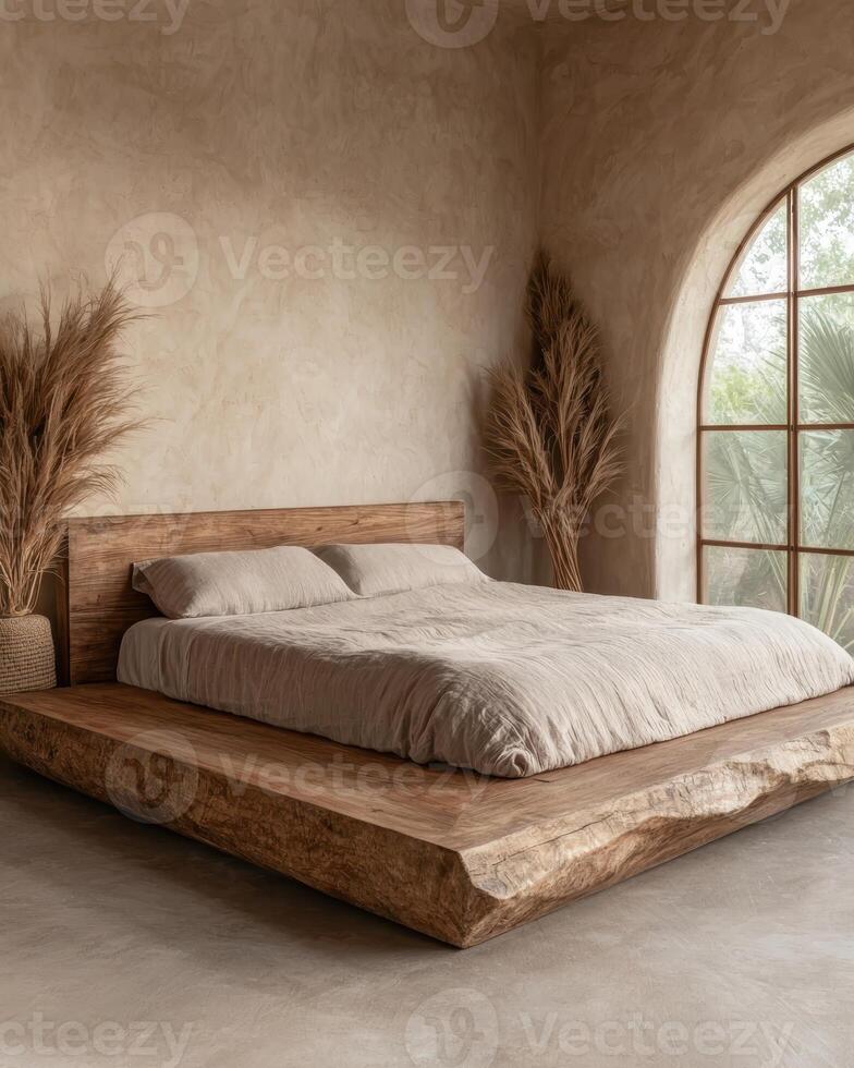 Minimalist bedroom with a rustic wooden platform bed and pampas grass photo