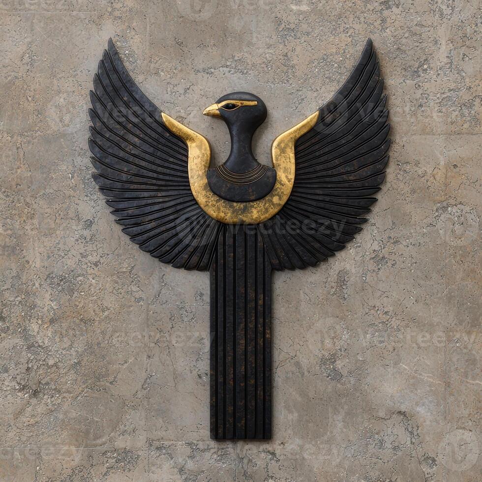 Black and gold Egyptian bird wall art on a textured background photo